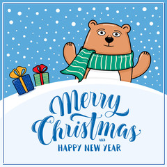 Merry Christmas and Happy New Year greeting card with bear, gifts, snow hills and lettering, cartoon vector illustration. Christmas and New Year card, invitation, poster, banner design with a bear