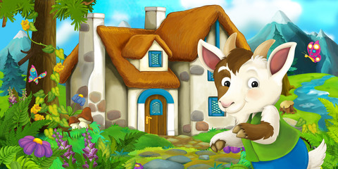 Cartoon scene with goat near village house - illustration for children