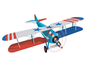 Biplane from World War with colors of flag of United States. Model aircraft propeller with two wings. Old retro aircraft designed for poster. Beautifully and realistically vector flying biplane. © weenee