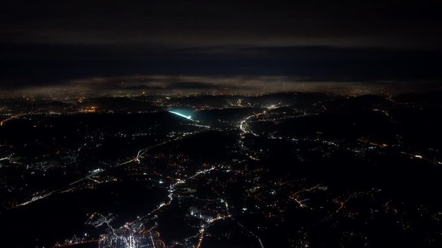 4K Footage Arial View Of Flying Drone Through The Night Light City Scene