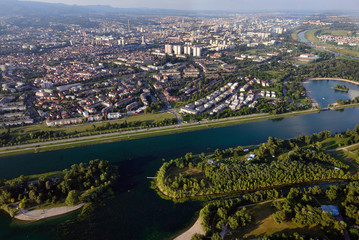 Jarun lake in Zagreb, Croatia, with the city center visible in the background.