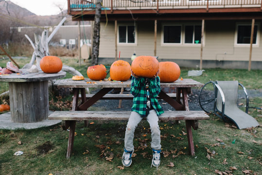 Boy sitting on picnic bench, holding pumpkin in front of face