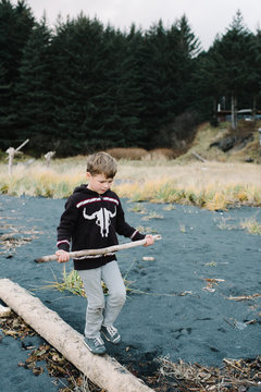 Boy at beach, balancing on log, holding driftwood