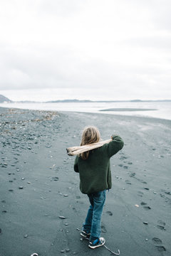Boy on beach, carrying driftwood, rear view