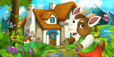 Cartoon scene with goat near village house - illustration for children