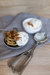 homemade ice cream with a spoon, and sweet cheese cake dessert