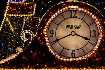 Christmas decoration - lights with clock and Warsaw writting