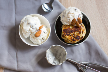 homemade ice cream with a spoon, and sweet cheese cake dessert