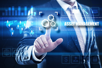 businessman pressing button on virtual screens