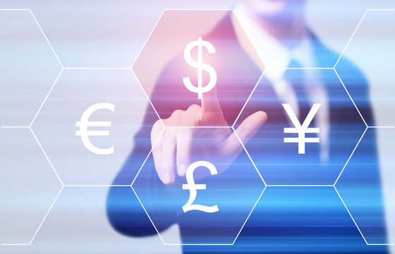 businessman pressing button on virtual screens