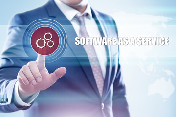 businessman pressing button on virtual screens