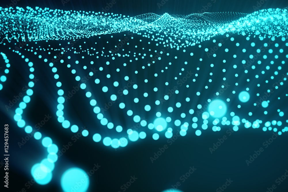 Poster 3d rendering abstract polygonal space on dark background with connecting blue dots and lines. connec