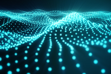 3d rendering abstract polygonal wave background with connecting dots and lines. Connection structure. Computer HUD. Flow. Wave. Blue Lines and dots.