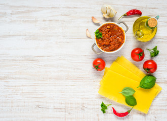 Cooking Ingredients for Lasagna Pasta on Copy Space