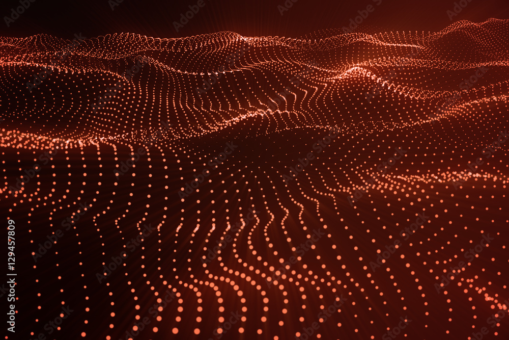 Poster 3d rendering hi-tech digital terrain, red abstract space on dark background with connecting dots and