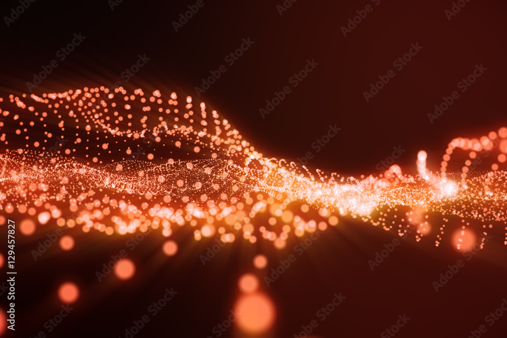 Poster 3d rendering hi-tech digital terrain, red abstract space on dark background with connecting dots and