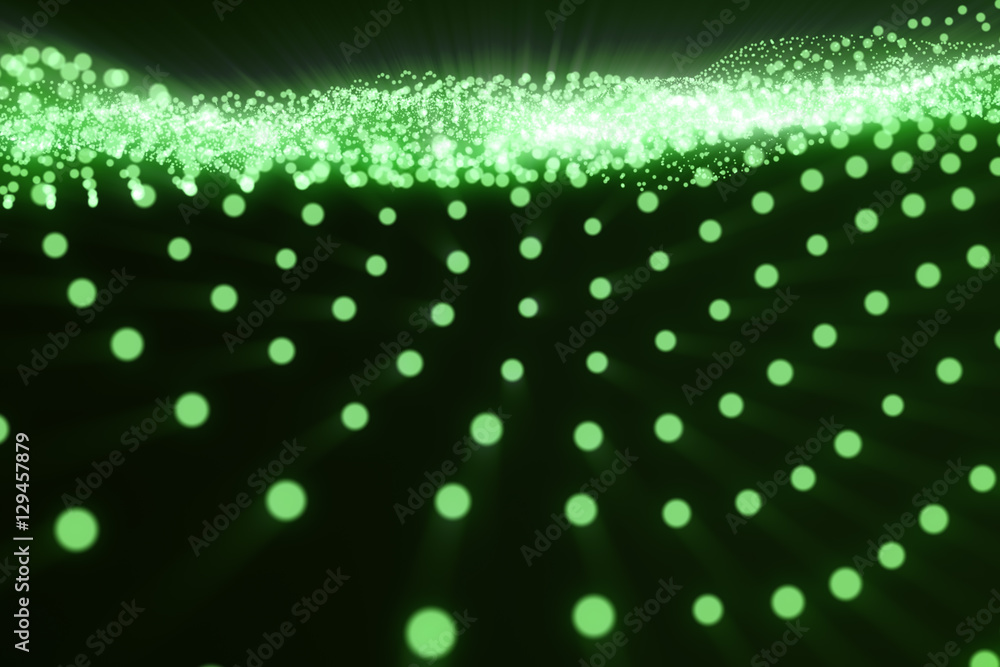 Poster 3d rendering green abstract digital wave form on dark background, connecting dots and lines, with li
