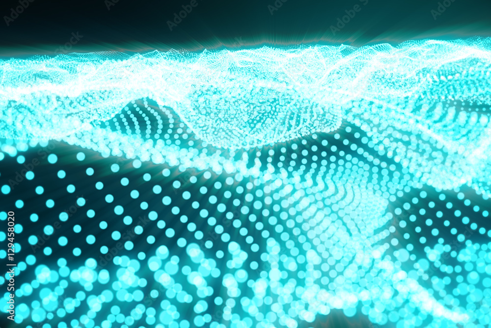 Poster 3d rendering blue abstract digital wave form on dark background, connecting dots and lines, with lig