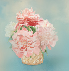 Pink peonies in birch-bark basket. Turquoise background