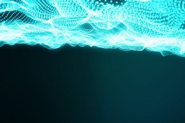 3d rendering abstract polygonal wave background with connecting dots and lines. Connection structure. Computer HUD. Flow. Wave. Blue Lines and dots