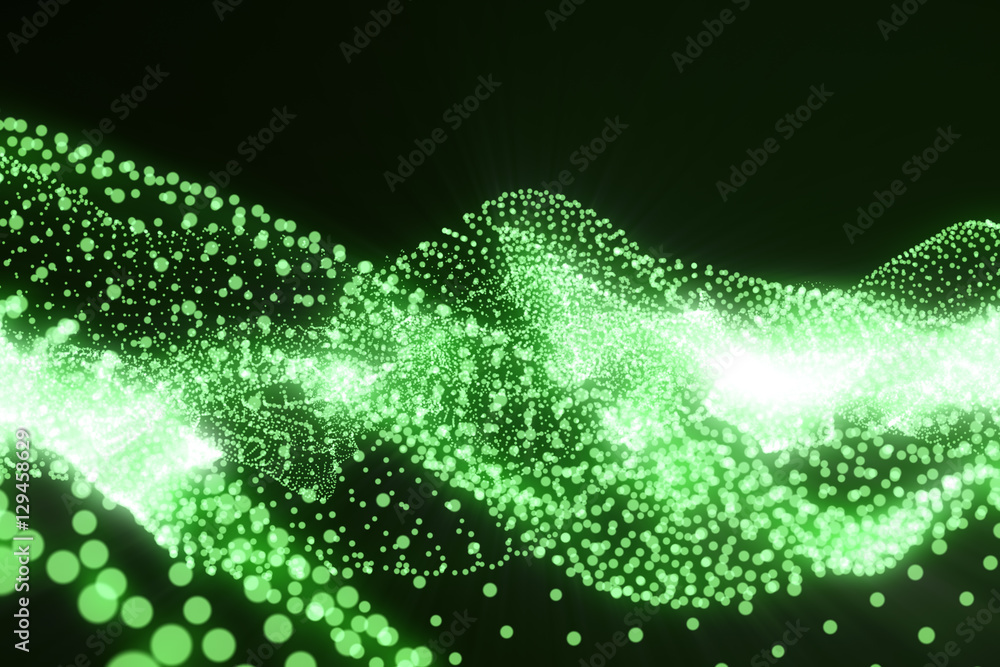 Poster 3d rendering hi-tech digital terrain, green abstract space on dark background with connecting dots a