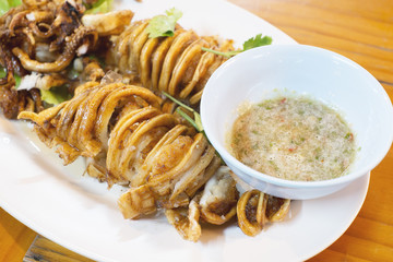 Sun dried calamari, selective focus