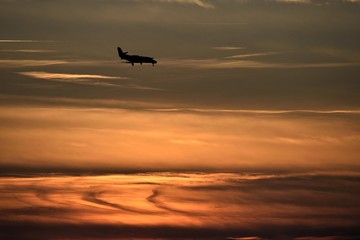 Fototapeta premium Airplane landing at airport at sunset