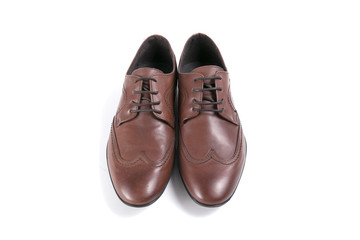 male shoe black leather on white background, isolated product, top view