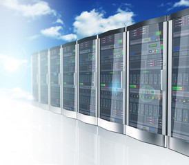 3d network servers datacenter and sky cloud background