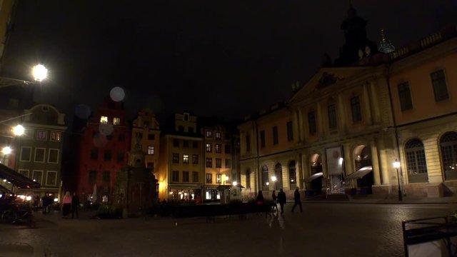 Stortorget Public Square in Stockholm. Sweden.  4K. Night, lights
