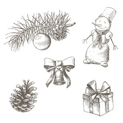 Christmas set. Pinecone, bell, toy, snowman, gift, bow. Hand drawn