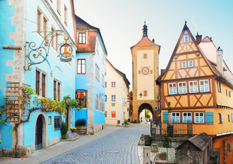 Fototapeta na wymiar half-timbered houses and city tower of Rothenburg ob der Tauber, Germany