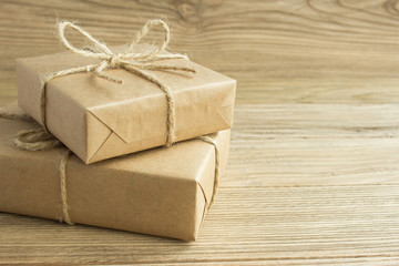 Gift boxes made of kraft paper tied with rope