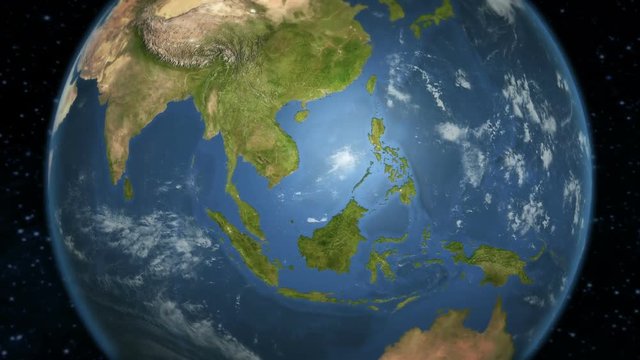 Spinning Earth with South-East Asian country maps.