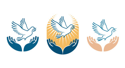 Dove bird carrying olive branch in beak as a peace symbol. Vector logo or icon