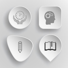 4 images: clock in hands, human brain, pencil, book. Education s