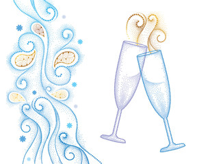 Vector illustration with two dotted champagne glass or flute isolated on white background with abstract blue swirls and snowflakes. Decor in dotwork style for holiday winter design and New Year theme.