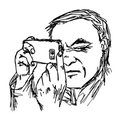 illustration vector hand drawn man taking a photo with mobile phone
