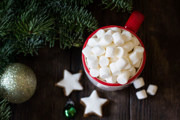 Christmas or New Year composition with cocoa, marshmallows, cookies and christmas decorations; Horizontal shot