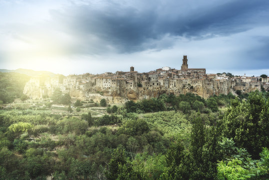 Panorama view of the medieval town in Tuscany, situated on a cli