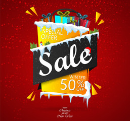 Winter sale poster with snow and icicles. Discount sticker. Special offer vector isolated. Advertisement tag.