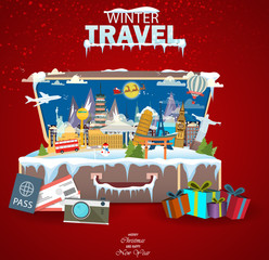 Winter travel. Travel to World. Vacation. Road trip. Tourism. Open suitcase with landmarks. Journey. Travelling illustration. Merry Christmas banners in flat style. EPS 10. Colorful.