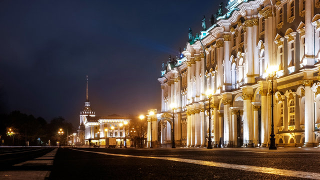 Hermitage on Palace square and admiralty at night
