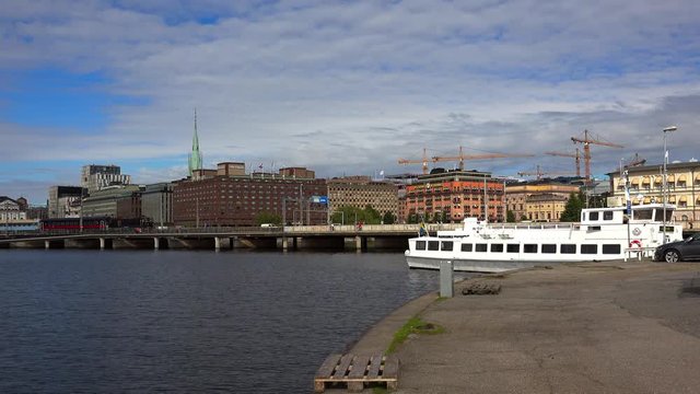Embankment and pier in the center of Stockholm. Sweden. 4K.
