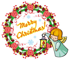 Round holiday label with angels and greeting text 