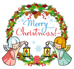 Round holiday label with angels and greeting text "Merry Christmas!". 