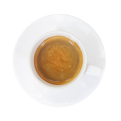 Top view of hot coffee cup and saucer, espresso coffee isolated