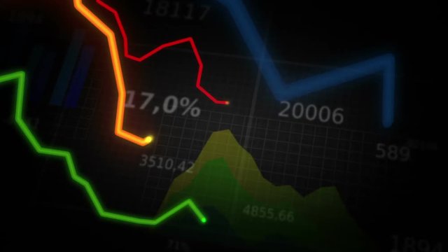 Colorful financial diagrams showing a decreasing tendency. Black background.