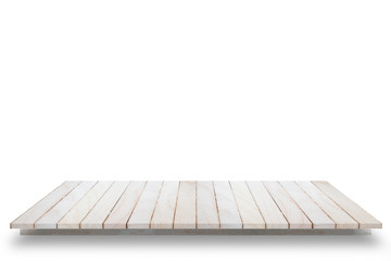 Empty top view of wooden table or counter (shelf) isolated on wh