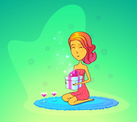 Woman holding gift box and glasses of wine on rug